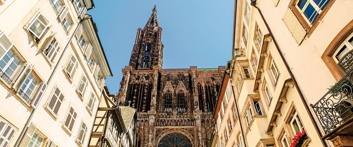 A view up towards Strasbourg's Gothic Cathedral, France